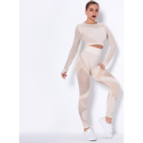 New Seamless Mesh Quick Drying Sports Yoga Long Sleeve +Striped Pants 2 Piece Set Women Yoga Sets Fitness Suit Gym Clothing
