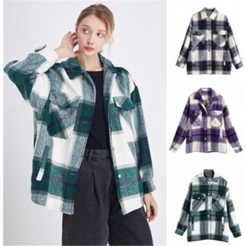 New Style Single-Breasted Lapel Long-Sleeved Jacket Vintage Stylish Pockets Oversized Plaid Streetwear Woolen Plaid Chic Coat