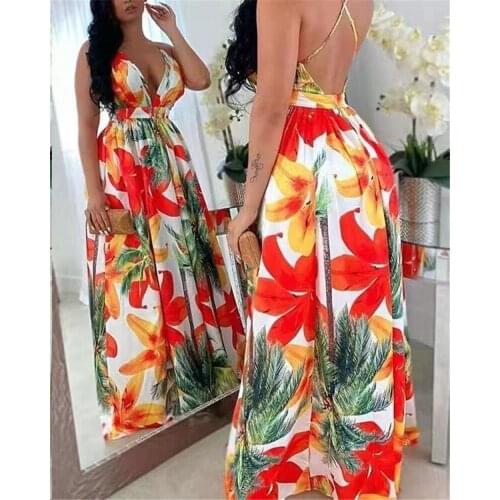 Zoctuo New Floral Print Maxi Dress Backless High Waist Sexy Club Dresses For Women Spaghetti Straps Fashion Casual Party Dress
