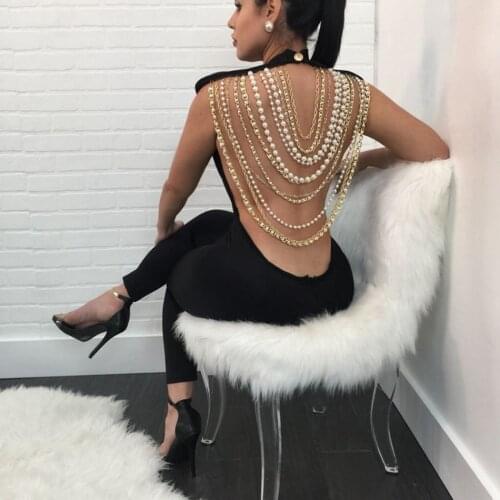 Stunning Backless Beading Bandage Jumpsuit 2018 New Fashion Pearls Gold Chains Embellished Open Back Party Jumpsuits
