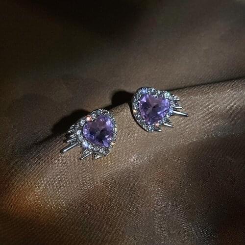 Origin Summer Korean Fashion Purple Color Love Heart Stud Earings for Women Exquisite Bling Bling Rhinestone Earings Jewelry