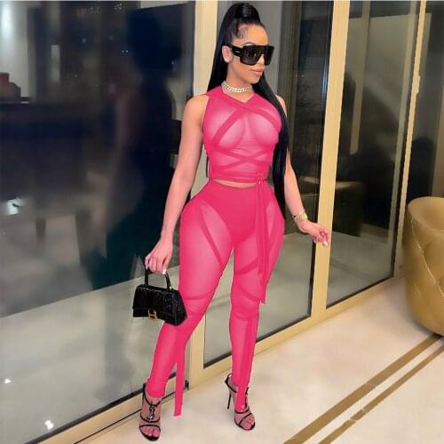 Sheer Mesh Bandage 2 Piece Outfits Sexy See Through O Neck Short Sleeve Crop Top + Leggings Bodycon Clubwear Two Piece Set