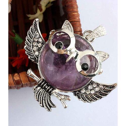 SUNYIK Purple Crystal Quartz Gem Stone Owl Animal Charms Pendant Fit Necklace (Free Chain)