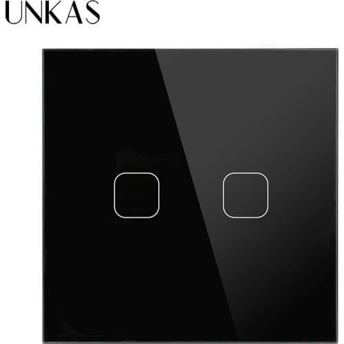 UNKAS EU/UK Standard Touch Light Switch AC 220-250V White Luxury Glass Panel 2 Gang 1 Way Touch Wall Sensor Light Switch