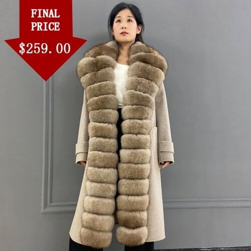 Delightful Fur Jacket Women Wool Blend Coat 2021 New Autumn Winter Warm Outwear Real Fox Fur Collar Knee-Length Overcoat