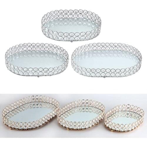 Mirrored Crystal Vanity Tray Delicate Jewelry Storage Tray Glass Mirror Base Bedroom Bathroom Desktop Cosmetic Organize Plate