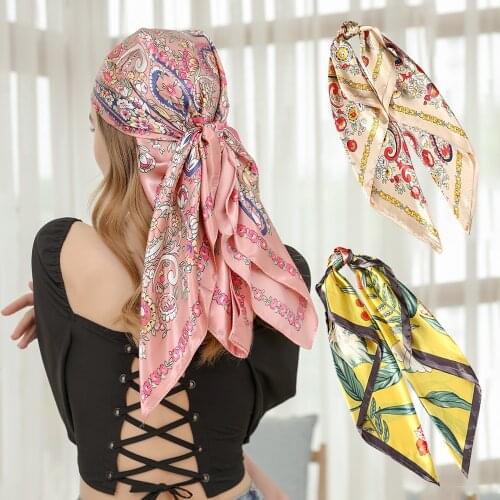Kerchief 90*90cm Hair Band Square Silk Scarves Bandana Women Print Shawl Polyester Scarf Muffler Pareo Headwear Hair Accessories