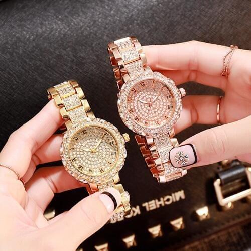 Women Watches Crystal Diamond Design Fashion Round Dial Stainless Steel Band Quartz Wrist Watch