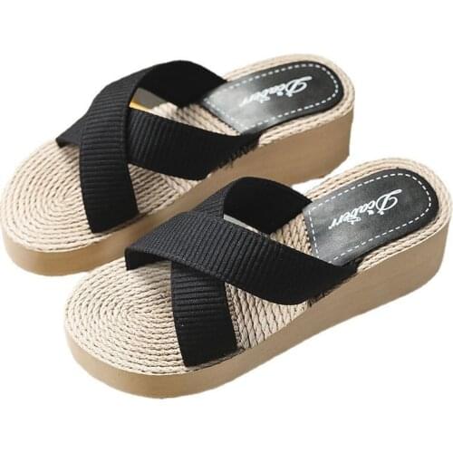 2021 New Womens Summer Slippers Imitation Straw Espadrille High-heel Sandals Outer Wear Flip-flops Beach Fashion Slope-heel