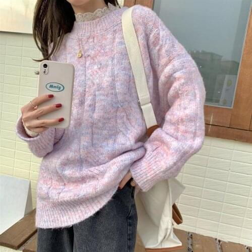 Women Sweaters Pink Beige O Neck Pullovers Vintage Thick Knitted Long Sleeve Clothes Korean Style Loose Top 2021 Autumn Winter