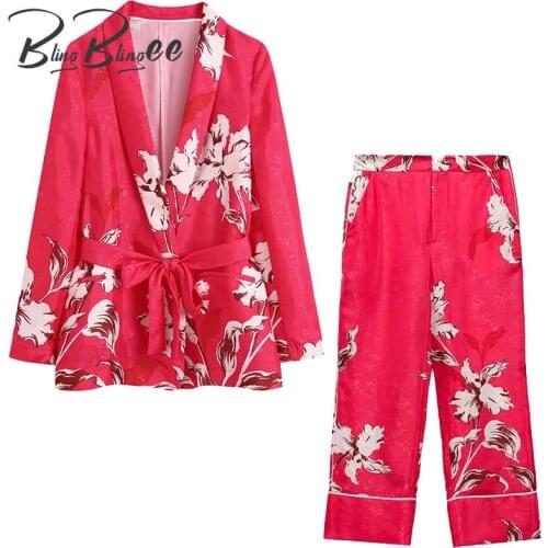 BlingBlingee Za 2021 Summer Woman Casual Traf Outfits Printed Shawl Collar Belted Shirt + Ankle Length Pants Suits 2 Piece Sets