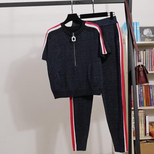 2020 Spring Summer Womens leisure suit High quality loose knitted T-shirt+pencil pants 2piece set C003