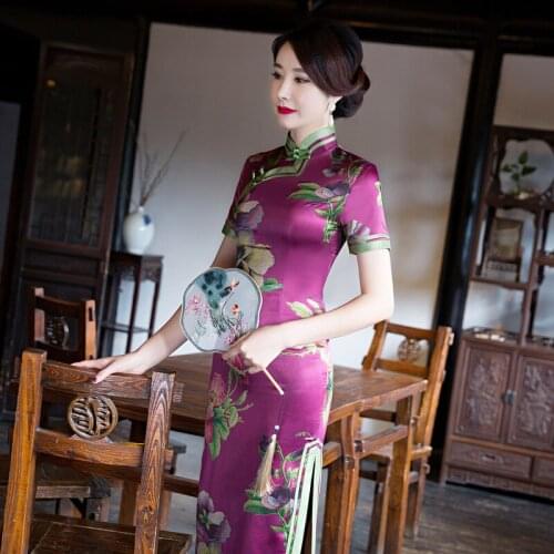 BALDAUREN Sexy Long Slim Vintage Qipao Summer New Lady Printing Cheongsam Satin Short Sleeve Party Prom Dress Gown Large Size