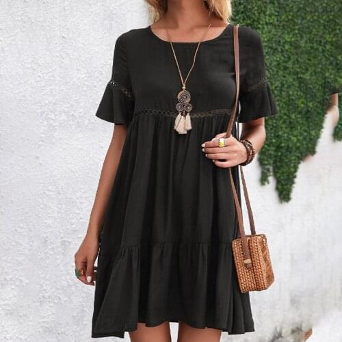 Hollow Out Ruffled Womens Mini Dress Female O-neck Short Sleeve Loose Black Dresses 2021 Summer Casual Office Ladies Vestido