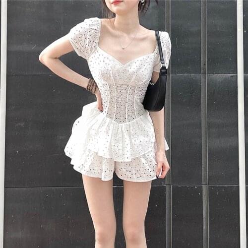 Summer Vestidos Women White Square Neck Patchwork Puff Sleeve Vestido Ruffles New Slim Female Fit Lace Hollow Out Dress