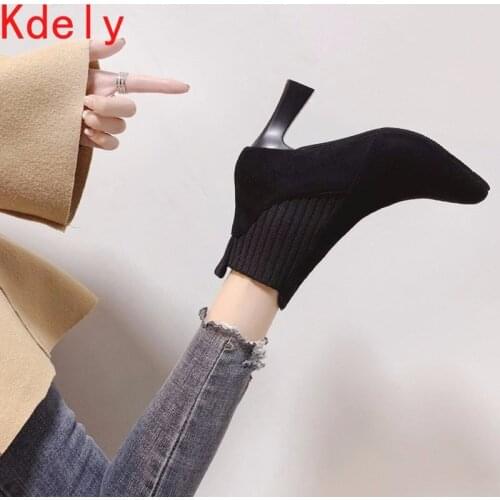 Winter Women Boots Ankle Short Boots Flock Pointed Toe Thin Heels Winter Booties Woman Wool Elastic Slip on Women Martin Boots