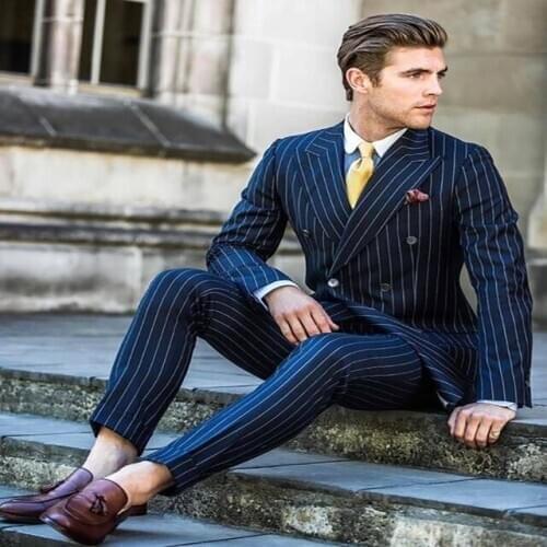 2020 Navy Blue Stripe Suit Mens Wedding Suits Custom Made Business Suit Men Fashion Groom Tuxedos 2 Piece Set (Jacket+Pants)