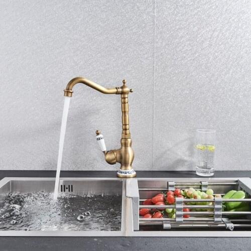 Antique Brass Faucet Kitchen Hot Cold Mixer Tap Kitchen Sink Faucet Bathroom Faucet Rotatable Crane Handle Vintage Kitchen
