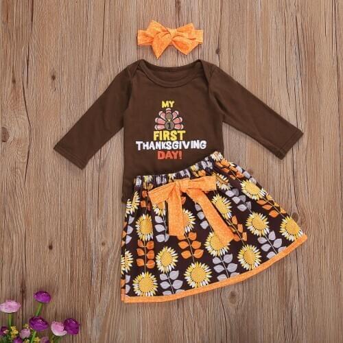 2020 Three Piece Baby Girl’s Clothes Unique Letter Long-sleeved Jumpsuit Fashion Sunflower Short Skirt and Headband ropa de bebe