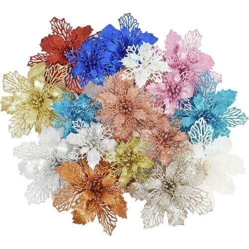9/11/16cm Christmas Artifical Flowers Glitter Poinsettia for Christmas Tree Ornaments Flower Decoration 5Pcs