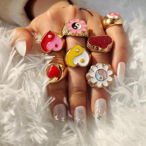 Vintage Colorful Enamel Love Heart Rings For Women Korean Girls Cute Smiley Face Flowers Yin Yang Finger Rings Wedding Jewelry