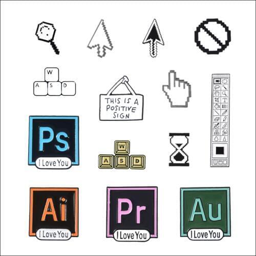 Creative Computer Keyboard Enamel Brooch WASD Mouse Arrow PS AI Tool Hourglass Alloy Badge Pin Jewelry Gift For Friends