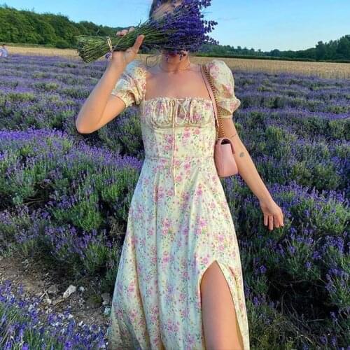 Summer Dress Women Short Puff Sleeve Flroal Printed Ruched Party High Split Long Maxi Dresses Drawstring Sexy Vestidos Sundress