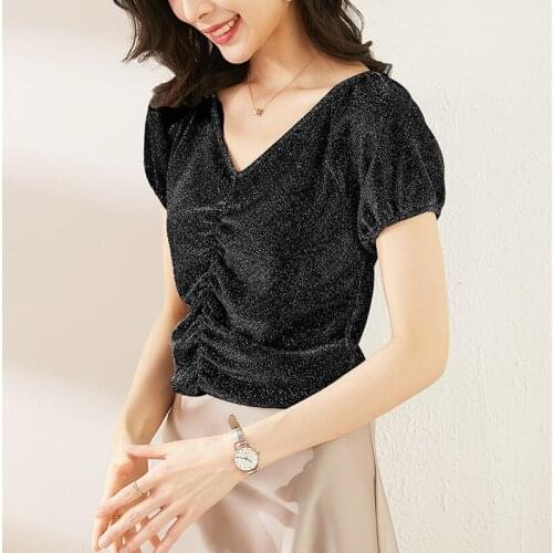 Fashion Bright silk T-shirt womens summer short sleeve new half sleeve T-shirt flash silk pleated yarn design