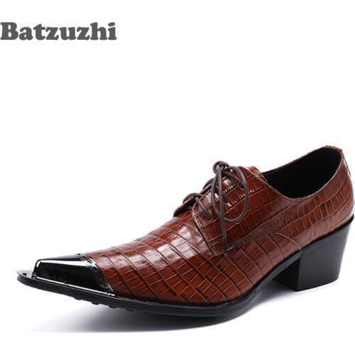6.5cm High Heel Men Leather Shoes Metal Toe Brown Business Genuine Leather Men Dress Shoes Oxfords Zapatos Hombre, Size 46