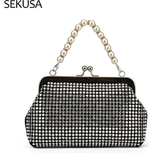 Black Color Rhinestones Soft Lady Day Clutch With Beading Handle Handbags Purse Party Evening Bags