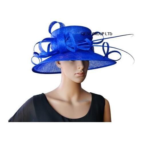 NEW Big Royal blue wide brim Dress Church Sinamay womens hats with feather flowers for races,wedding,Kentucky derby,party