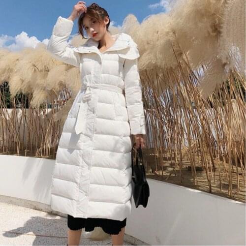 Coat Women Loose Fur Collar Winter Warm Hooded White Thick Duck Sashes Plus Size Female Oversize Parker Outerwear