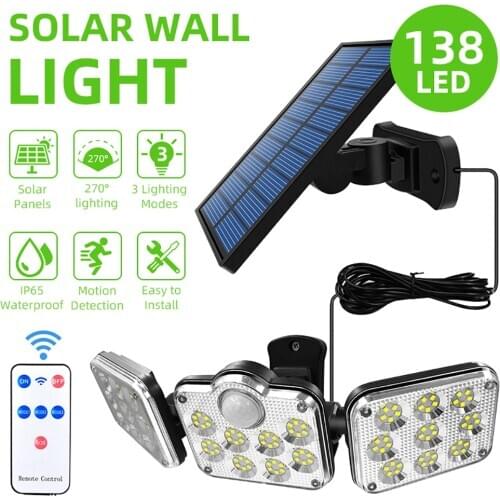 Rechargeable 122/138 LED Solar Wall Light Flood Light 3 Adjustable Heads 270° Wide Lighting Angle Waterproof Motion Sensor Light