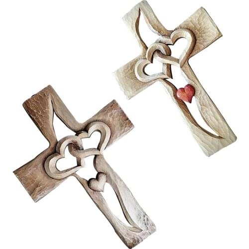 Carved Wooden Cross Intertwined Hearts Home Decor Wall Hanging Hand Carved Wood Cross Vintage Wood Cross Wall Decoration