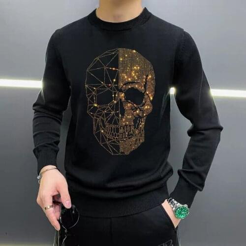 Luxury Shiny Personality Gold Skull Hot Drilling Mens Sweater Top Fashion Pullover Suitable For Night Sweatshirt