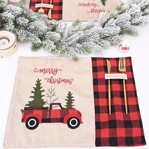 Christmas decorations red and black check car Christmas mat cartoon tablecloth table mat home table decoration