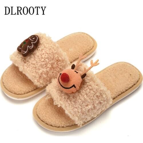 Winter Women Slippers Cartoon Reindeer Indoor House Flip Flops Warm Fashion Silent Non-slip Shoes Female Slides Flat Casual