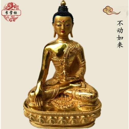 12"/30cm Handpainted Gilt Bronze Statue Buddha Aksobhya Tathagata