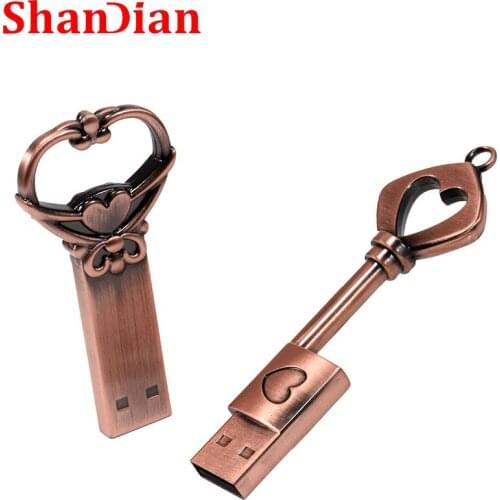 SHANDIAN copper love heart shaped key usb flash drive pendrive pen drive 4gb 16gb 32gb 64GB metal keys memory Stick wedding gift