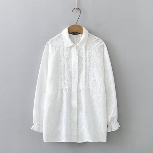Plus Size Womens Full Cotton Blouse Long Sleeved Floral Embroidery Tops Ladies Vintage Blusas