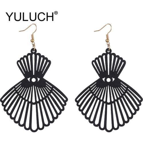 YULUCH Woman Hollow Natural Wooden Long Earrings Fashion Jewelry Ethnic African Dress Pattern Big Pendant Earrings For Wedding
