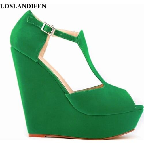 High Platform Wedge Roman Sandals for Women Sexy Peep Toe Party Pumps 2021 Summer T-Buckle Flock Super High Heels Gladiator Shoe