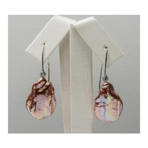 Chic 25*16mm Freshwater Purple Pearl Crystal Drop Earrings 925 Sterling Silver