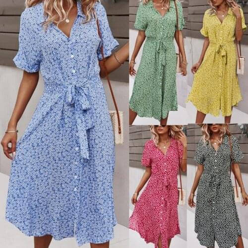 2021 Women Fashion Short Sleeve Turn-down Collar Cotton Dresses Bandage Elastic Waist Button Dot Dress Casual Summer Vestidos