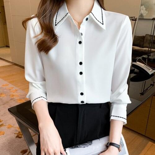 2021 Fall Fashion Satin Womens Shirts Long Sleeve Embroidered Chiffon Shirt Solid Polo Collar Blouse Ladies Tops Women Clothing