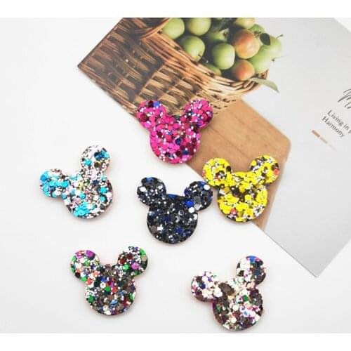 60Pcs 3.5*3.2CM Glitter Mouse Head Padded Appliques Shiny Solid Color Children Hair Clip Accessories Patches