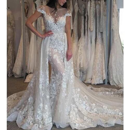 SuperKimJo Off White Wedding Dresses with Detachable Skirt Lace Applique Short Sleeve Beaded Luxury Wedding Gown
