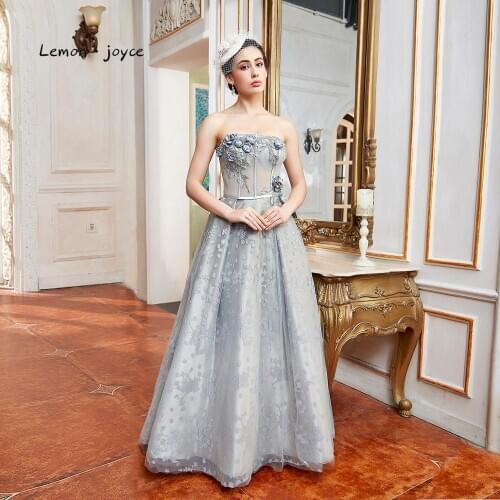 Lemon joyce Elegant Evening Dresses Long Sexy Strapless Applique Illusion A-line Prom Gowns for Girls Plus Size Robe de Soiree