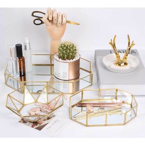 European Glass Metal Kitchen Storage Tray Gold Oval Dotted Fruit Plate freezing Jewelry Display Rotary Candy Decor Tray Mirror