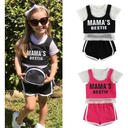 FOCUSNORM Summer 1-6Y Kids Girl Clothes Sets Sports Mesh T Shirt Cropped Sling Vest Striped Shorts 3pcs